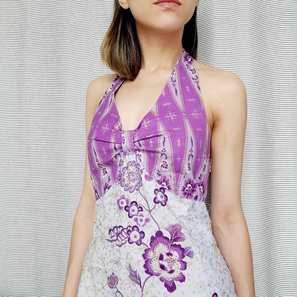 Purple floral vacation halter dress